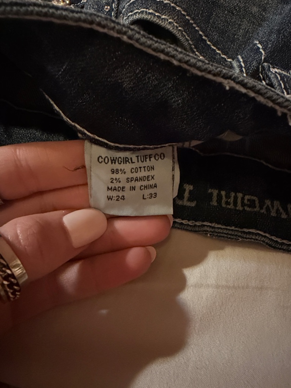 Cowgirl Tuff “Downtown” Embellised Blue Boot Cut Jeans with Vintage Fading - Picture 4 of 6